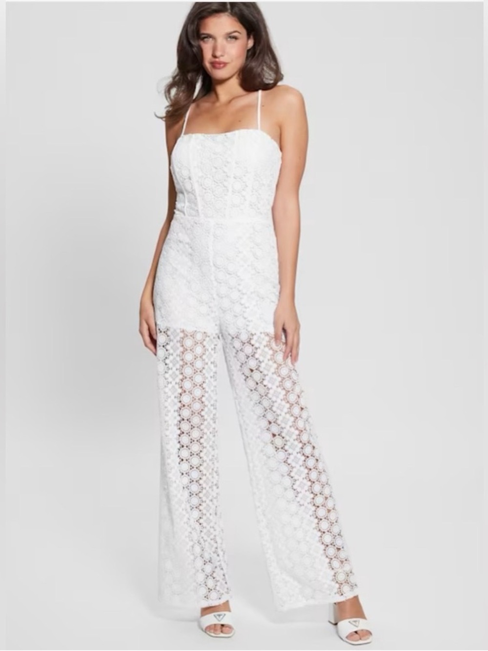Guess White Lace Spaghetti-Strap Jumpsuit